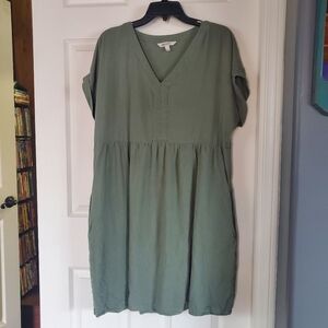 Briggs Linen Blend Peasant Bohemian Dress V-neck Pullover Beachy Green Siz Large